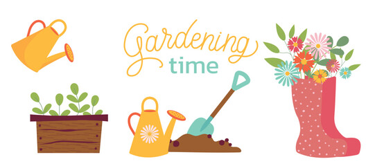 Gardening time set of illustration. Watering can, plants, vegetables, red rubber boots. Spring gardening concept. Vector illustrations on white background for poster, icon, card, logo, label © Ekaterina