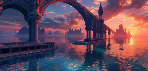 The expansive bridges connecting different parts of the navy blue high elf palace arching over the...