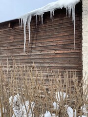 icicles on a roof with brown wooden wall.