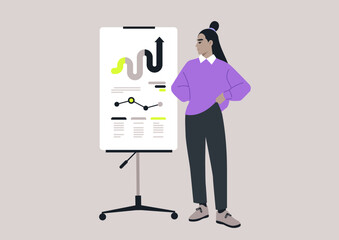 Confident Presenter Showcasing Data Trends at a Strategy Meeting, A professional stands by a flipchart, confidently displaying graphs and analysis