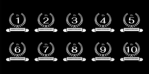 Obraz premium set of 1-10th anniversary. anniversary logo with circular leaf circle and white ribbon on black background
