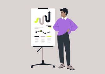 Confident Presenter Showcasing Data Trends at a Strategy Meeting, A professional stands by a flipchart, confidently displaying graphs and analysis