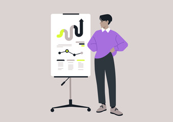 Confident Presenter Showcasing Data Trends at a Strategy Meeting, A professional stands by a flipchart, confidently displaying graphs and analysis