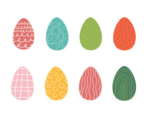 Cartoon cute Easter Eggs collection in pastel colors with different patterns. Isolated vector eggs. Vector illustration in flat style for greeting card, invitation template, poster, background.