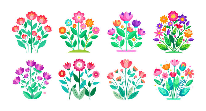 Colorful flat flower plant design vector set