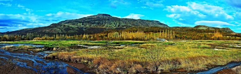 Iceland-panoramic view of nature near the Strokkur Geyser