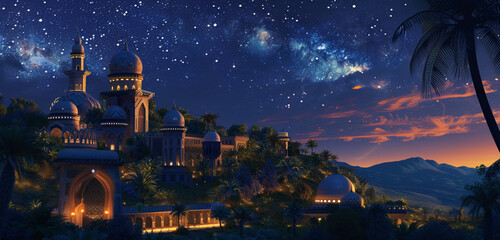 The grand observatory tower of the navy blue high elf palace pointing towards the heavens amidst the oasis greenery under a dark navy night sky - obrazy, fototapety, plakaty