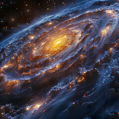A galaxy with a bright yellow star in the center. The stars are scattered throughout the galaxy,...