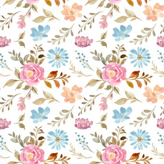 Pink blue floral watercolor seamless pattern
