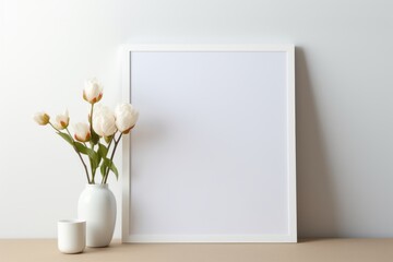 White vase with flowers in it next to a white picture frame - obrazy, fototapety, plakaty