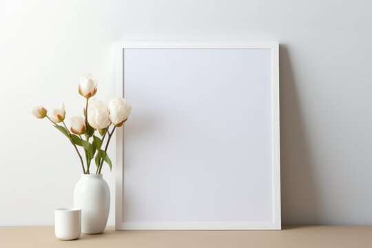 White vase with flowers in it next to a white picture frame