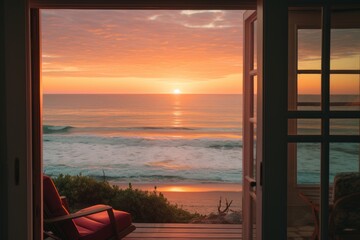Sunrise over the ocean, seen from a cozy beach house