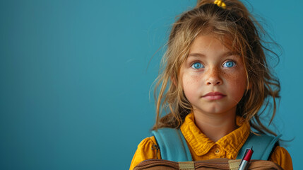 back to school, slavic child,  blue background