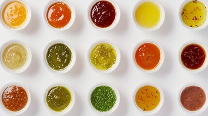 A variety of bowls filled with different colored sauces, showcasing a range of flavors and ingredients, suitable for a health-conscious diet