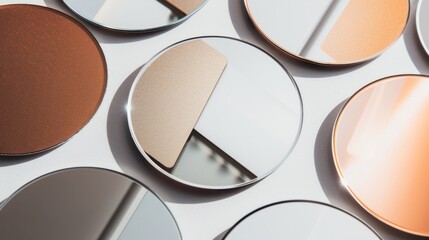 Close-up view of multiple mirrors arranged on a table, reflecting various angles and perspectives