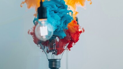A light bulb releasing vibrant colored smoke in a bright setting, showcasing a unique visual display of innovation and creativity