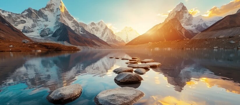 mountains with illuminated peaks, stones in mountain lake, reflection, blue sky and yellow sunlight