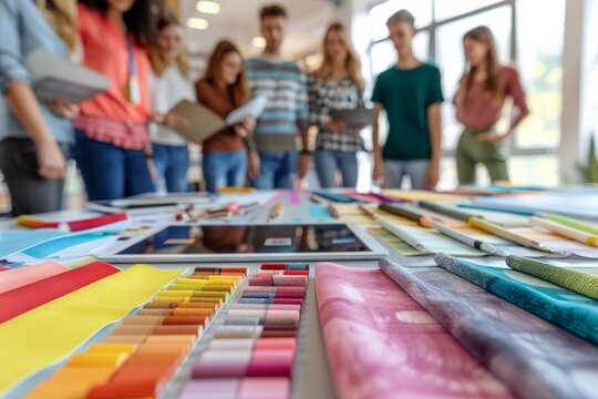 Creative meeting of interior design team, digital tablets and material samples on table, Creative workspace vibrant with diverse fabric samples and digital tablets, as a young team collaboratively