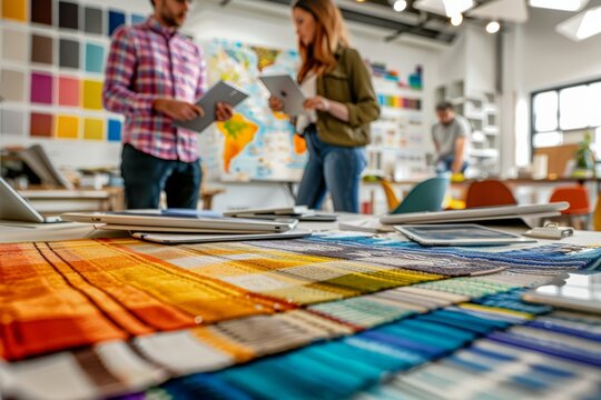 Creative meeting of interior design team, digital tablets and material samples on table, Designers focus on colorful fabric selections laid out on worktable, tech aids hand, in well-lit studio space