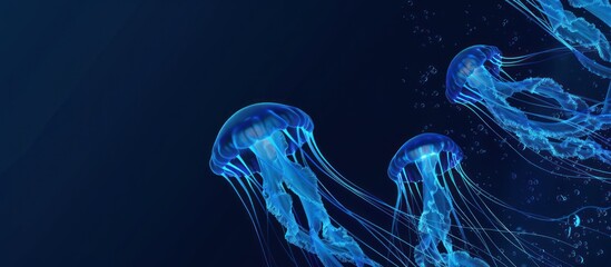 neon jellyfish glowing in dark background - obrazy, fototapety, plakaty