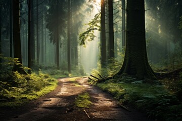 Tranquil forest scene with a meandering path leading into the trees