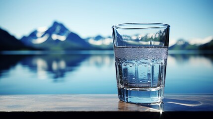 Crystal water glass with mountain backdrop and spacious copy area for versatile use