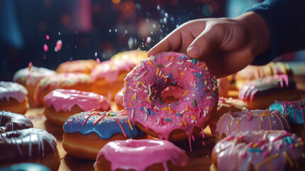 A  picture of a person enjoying a mouthwatering donut covered in glaze, capturing the delight of sugary treats. - Powered by Adobe