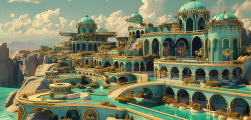 The sprawling terraces of the navy blue elven palace with ornamental gardens and flowing water...