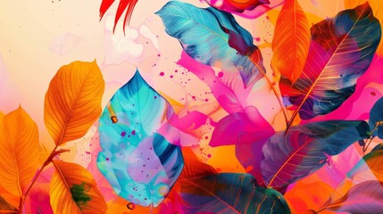 A painting depicting colorful leaves against a white background, showcasing a vibrant and lively composition - obrazy, fototapety, plakaty