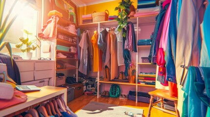 A room filled with clothes hanging on a rack for tidying up and organizing. Spring cleaning and decluttering in progress