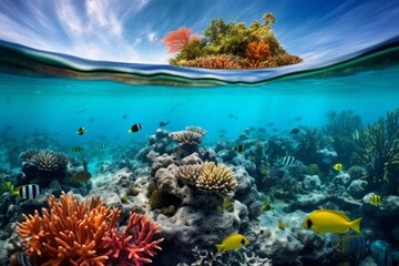 Naklejka na ściany i meble Underwater view of coral and marine life in a tropical sea