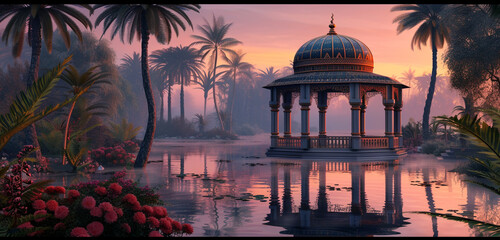 A secluded gazebo within the navy blue elf palace oasis, designed with elven elegance, surrounded by whispering palms and tranquil waters, under a soft pastel orange twilight - obrazy, fototapety, plakaty