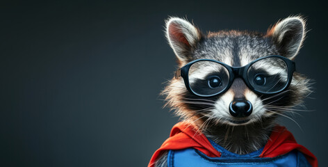 Close up portrait of a raccoon in a superman costume wearing glasses	
