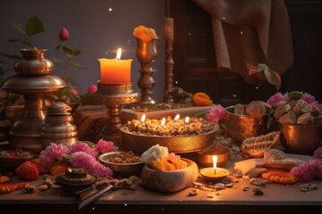 Obraz na płótnie Canvas Beautifully set table with a lavish spread of food and glowing candles
