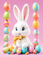 Cute Easter bunny with colorful eggs on a pink background. 3d rendering.