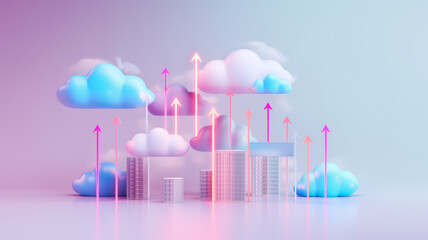 Obraz premium Pastel clouds and server buildings with upward arrows, symbolizing data growth.