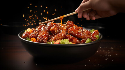 A  picture of a person using a pair of chopsticks to pick up a piece of General Tso's chicken, highlighting the delicious glaze. - obrazy, fototapety, plakaty