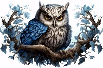 Foto op Plexiglas a white and blue owl on a branch © Alex