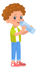 Cartoon boy drink pure water from bottle. Happy kid
