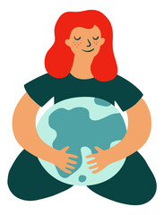 Calm woman hug planet. Person hold world peace