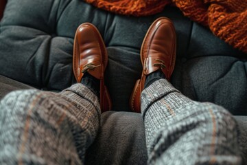 A person standing wearing plaid pants and brown shoes - obrazy, fototapety, plakaty
