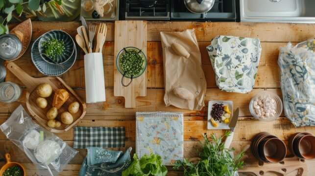 A variety of foods laid out on a wooden table in a sustainable kitchen setting
