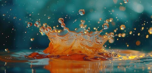 A close-up shot of a water drop resurfacing, giving birth to an array of smaller drops that engage...