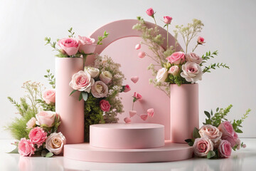 Obraz na płótnie Canvas 3D Spring Table Beauty Stand: Garden Rose Floral Summer Background Podium for Cosmetic Display, Perfect for Valentine's, Easter, and Romantic Gifts in Pink and Purple