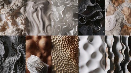 A compilation of different materials showcasing intricate designs, abstract patterns, and various textures
