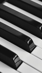 Monochrome close up of black and white piano keyboard, musical instrument detail in neutral tones
