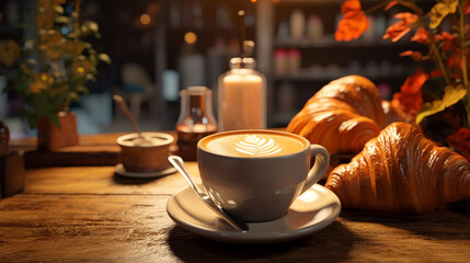 A  shot of a cozy cafe scene, with a latte art masterpiece served alongside a freshly baked croissant, inviting relaxation and enjoyment.