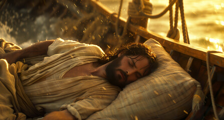 Illustration of the representation of Jesus Christ sleeping in a boat during the beginning of a great storm. Jesus Christ peacefully sleeping on the boat.