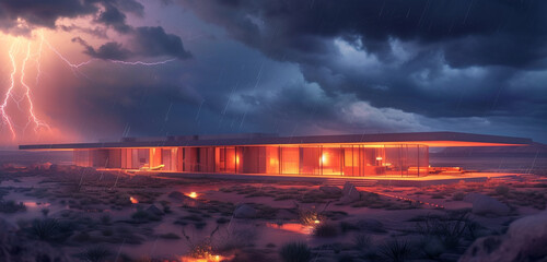A sprawling desert home, featuring a flat roof and numerous rooms, during a dramatic thunderstorm, with the sky illuminated by lightning strikes, casting the desert in a surreal light