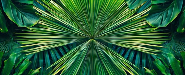 Close-up of a repetitive pattern created by green palm tree leaves, showcasing their unique shape and texture